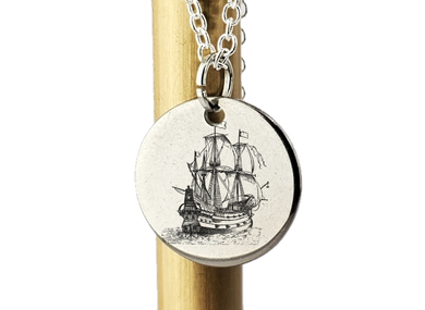 Pirate Ship engraved charm necklace - Sterling silver