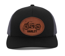 Load image into Gallery viewer, 1920s Harley Motorcycle Patent Drawing -Trucker engraved Leather Patch hat