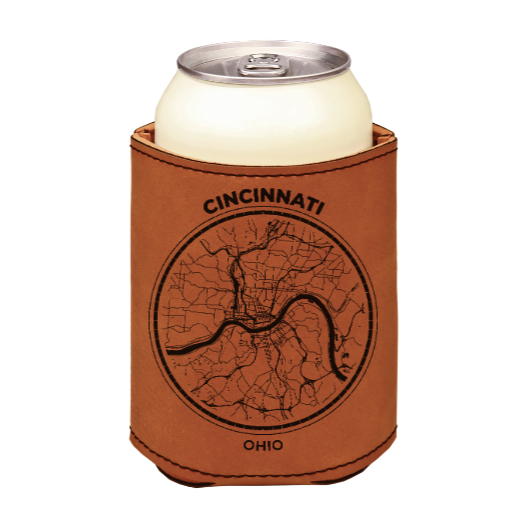 Cincinnati Ohio Downtown MAP - engraved leather beverage holder