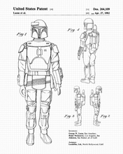 Load image into Gallery viewer, Star Wars Boba Fett patent drawing - engraved leather beverage holder
