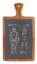 Load image into Gallery viewer, Star Wars Boba Fett patent drawing - Engraved Slate &amp; Wood Cutting board
