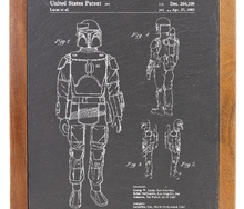 Load image into Gallery viewer, Star Wars Boba Fett patent drawing - Engraved Slate &amp; Wood Cutting board
