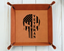 Load image into Gallery viewer, Veteran flag skull - 6" x 6" leather office valet Tray