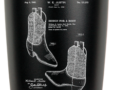 Load image into Gallery viewer, Justin Boots patent drawing - engraved Tumbler - insulated stainless steel travel mug
