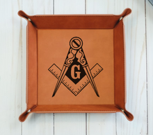 Load image into Gallery viewer, Masonic square and compass - 6" x 6" leather office valet Tray