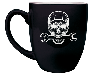 Mechanic Skull Garage Build - Engraved Black Ceramic Coffee Mug