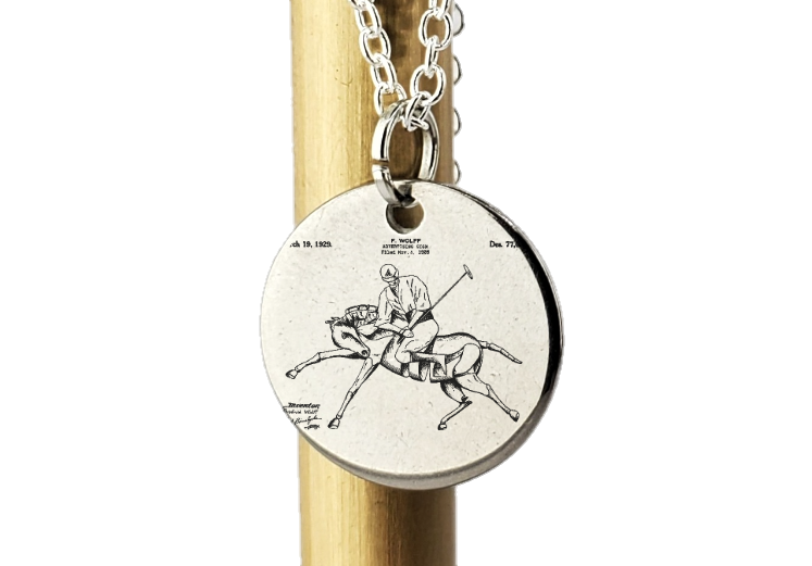Equestrian polo player on horse - laser Engraved necklace - 925 Sterling Silver