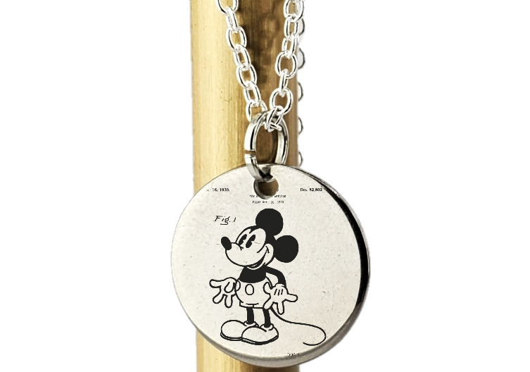 Mickey Mouse Patent Drawing - laser Engraved necklace - 925 Sterling Silver