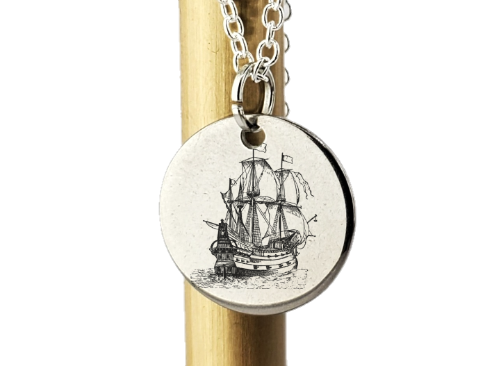 Pirate Ship engraved charm necklace - Sterling silver