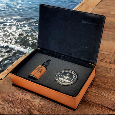 Scent Free All Natural - Beard Box Set - Beard Balm and Oil - Reusable leather box.
