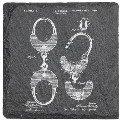 1800s Handcuff patent drawing - Laser engraved fine Slate Coaster