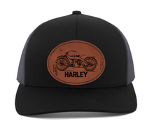 Cargar imagen en el visor de la galería, 1920s Harley Motorcycle Patent Drawing -Trucker engraved Leather Patch hat
