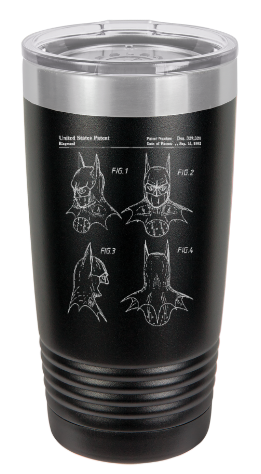 BATMAN Mask patent drawing  - engraved Tumbler - insulated stainless steel travel mug