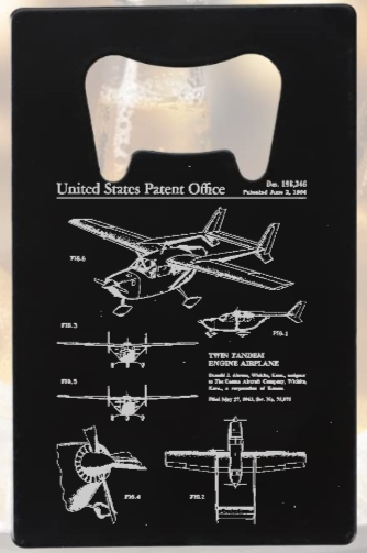 Cessna Airplane Twin Tandem engine patent drawing - Bottle Opener - Metal