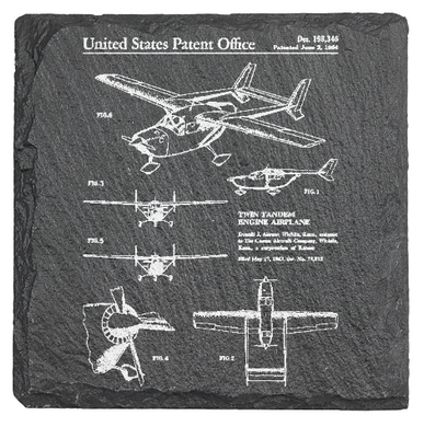 Cessna Airplane Twin Tandem engine patent drawing - Laser engraved fine Slate Coaster