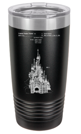 Disney Castle patent drawing - engraved Tumbler - insulated stainless steel travel mug