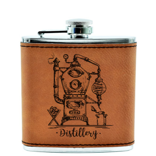 Distillery art  - Flask - engraved leather and metal