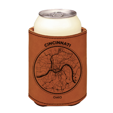 Cincinnati Ohio Downtown MAP - engraved leather beverage holder