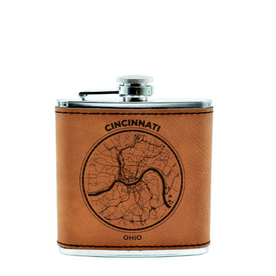 Cincinnati Map - Flask - engraved leather and metal