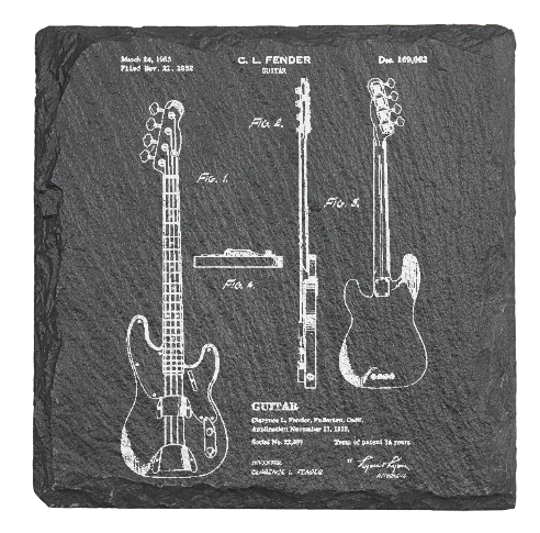 Fender Bass Guitar patent drawing - Laser engraved fine Slate Coaster