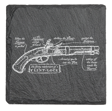 Historic Flint Lock pistol engineering drawing - Laser engraved fine Slate Coaster