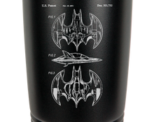 Load image into Gallery viewer, Bat plane patent drawing - BATMAN - engraved Tumbler - insulated stainless steel travel mug
