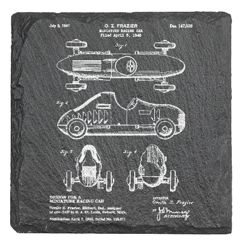 Race Car patent drawing Frazier - Laser engraved fine Slate Coaster