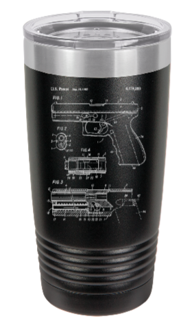Glock Pistol patent drawing - engraved Tumbler - insulated stainless steel travel mug