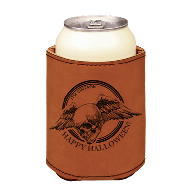 Happy Halloween flying skull jtm - engraved leather beverage holder