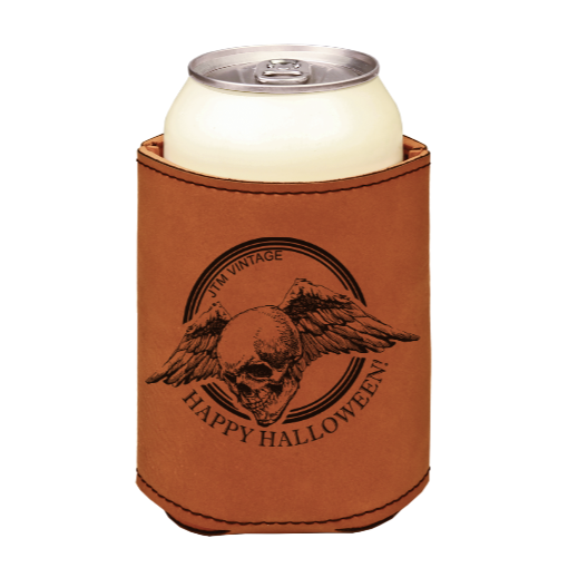 Happy Halloween flying skull jtm - engraved leather beverage holder