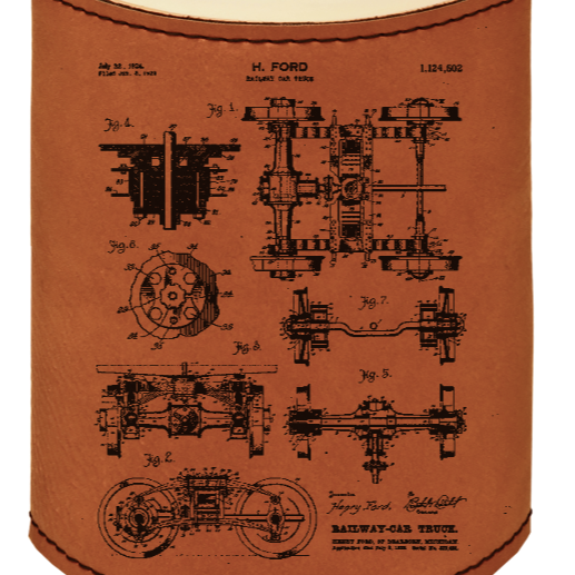 Henry Ford railway railroad car truck wheels patent drawing - engraved leather beverage holder