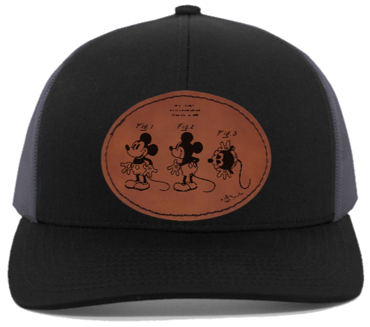 W. E. Disney Mickey Mouse 3Fig Patent drawing HAT- engraved Leather Patch