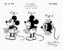 Load image into Gallery viewer, W. E. Disney Mickey Mouse 3Fig Patent drawing HAT- engraved Leather Patch
