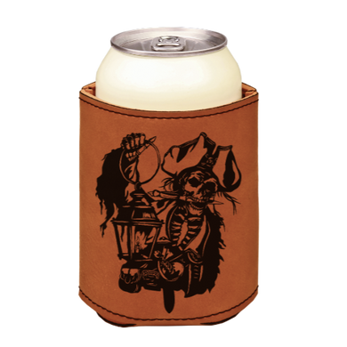 Pirate Skeleton holding Lantern - engraved leather beverage holder