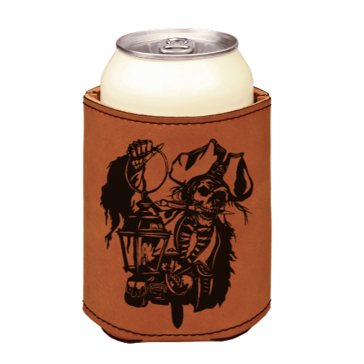 Pirate Skeleton holding Lantern - engraved leather beverage holder