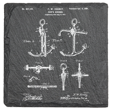 Ship Anchor Patent drawing  - Laser engraved fine Slate Coaster