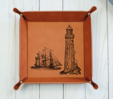 Load image into Gallery viewer, Lighthouse and Ship - 6&quot; x 6&quot;  leather office valet Tray
