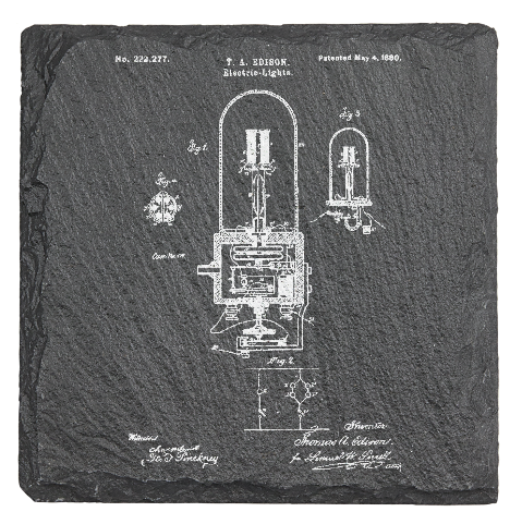 Thomas Edison ARC lamp Patent - Laser engraved fine Slate Coaster