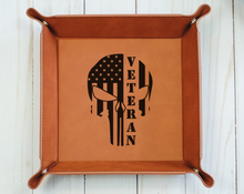 Load image into Gallery viewer, Veteran flag skull - 6&quot; x 6&quot;  leather office valet Tray

