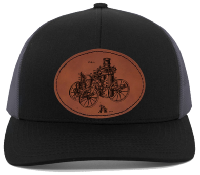 Historic Steam fire engine engraved leather patch hat