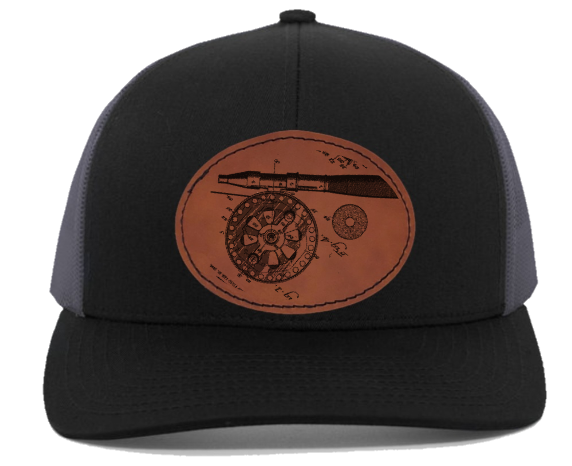 Fishing Reel HAT - Engraved leather patch hat