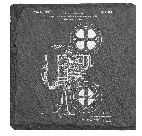 Cinema Movie Camera Projector Patent drawing - Laser engraved fine Slate Coaster