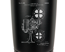 Cargar imagen en el visor de la galería, Cinema Movie Camera Projector Patent drawing - engraved Tumbler - insulated stainless steel travel mug
