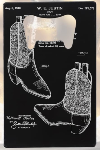 Justin Boots patent drawing - engraved credit card Bottle Opener - Metal