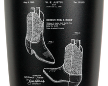Load image into Gallery viewer, Justin Boots patent drawing - engraved Tumbler - insulated stainless steel travel mug
