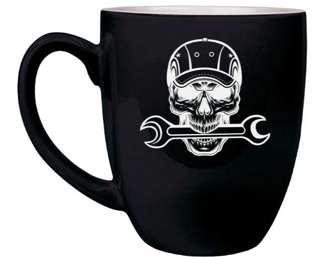 Mechanic Skull Garage Build - Engraved Black Ceramic Coffee Mug