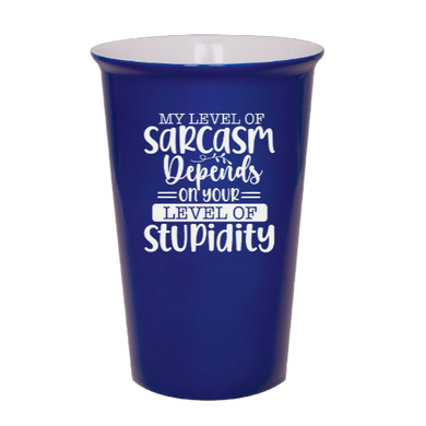 my level of sarcasm depends on your stupidity - Blue Ceramic tumbler travel mug