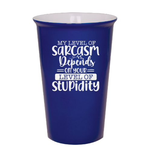 my level of sarcasm depends on your stupidity - Blue Ceramic tumbler travel mug