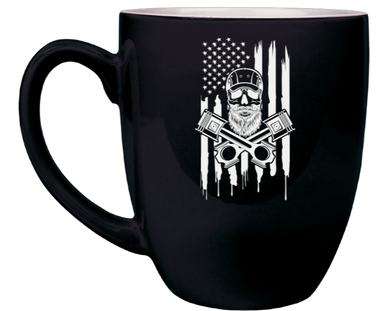 Piston Skull Flag - Engraved Black Ceramic Coffee Mug