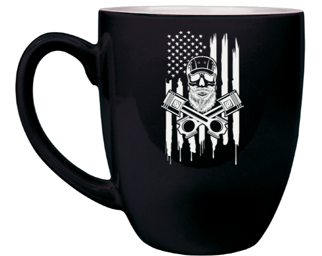 Piston Skull Flag - Engraved Black Ceramic Coffee Mug